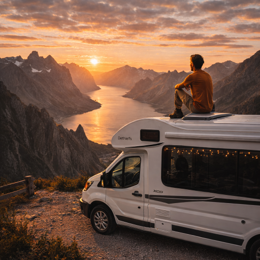Adventurer sitting on the roof of a VANWAYS campervan overlooking a fjord