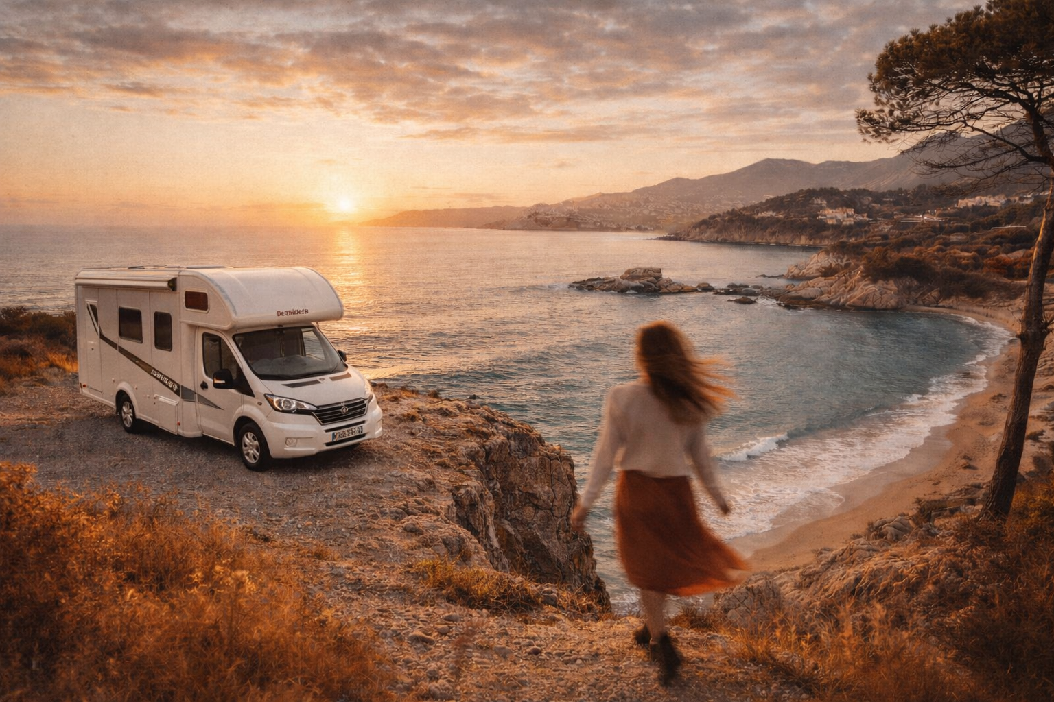 Woman enjoying a morning by the VANWAYS campervan at the sea