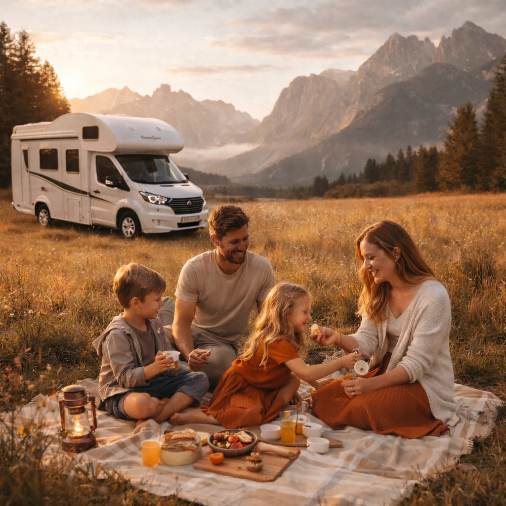 Family on a trip with a VANWAYS campervan — picnic in nature
